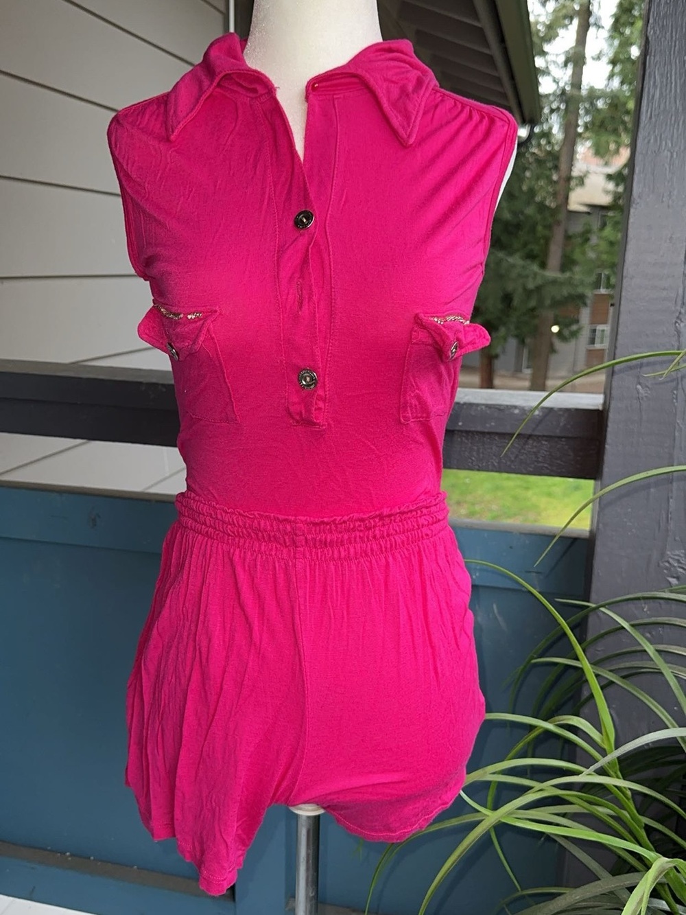 Sleeveless Hot Pink Button-Front women’s Romper soft summer beach wear vintage
